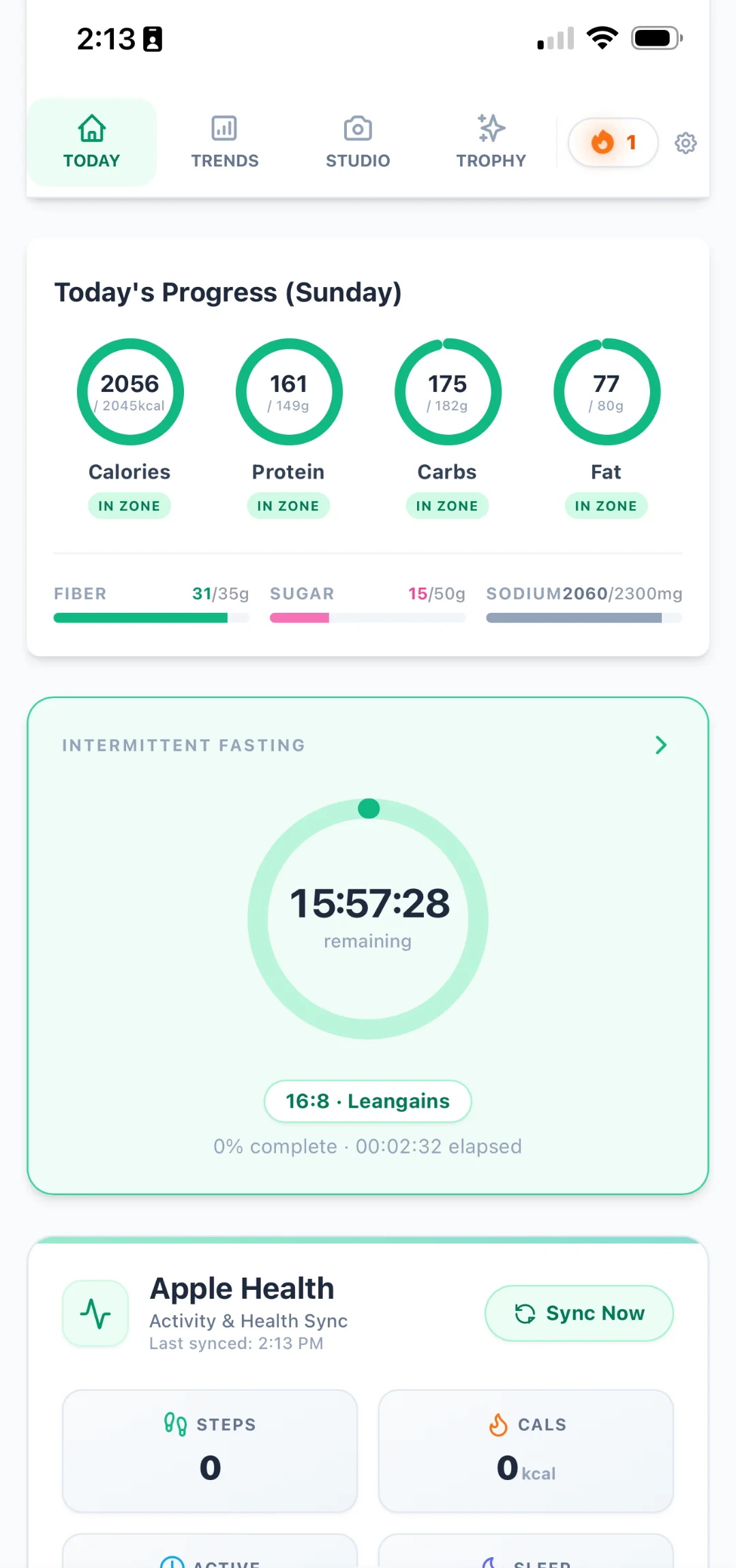 KeyMacro dashboard — Green Zone calorie ring and daily macros