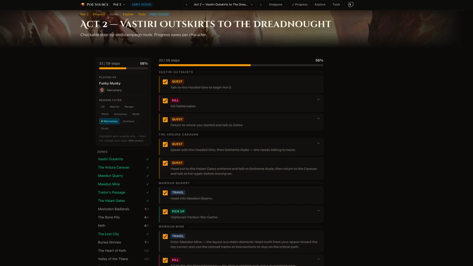 PoE Source — campaign leveling guide with checkable steps